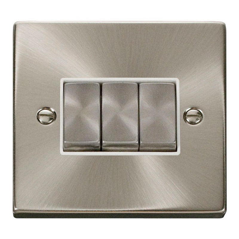 Satin / Brushed Chrome 10A 3 Gang 2 Way Ingot Light Switch
