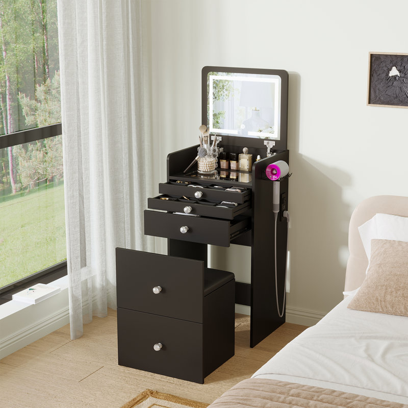 Nykee Vanity With Flip Top Mirror & Outlets & Soft Stool, Black