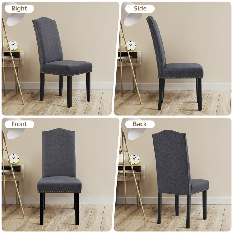 Chaise de salle à manger rembourrée en tissu Mardell avec pieds cloutés en bois massif, Gris