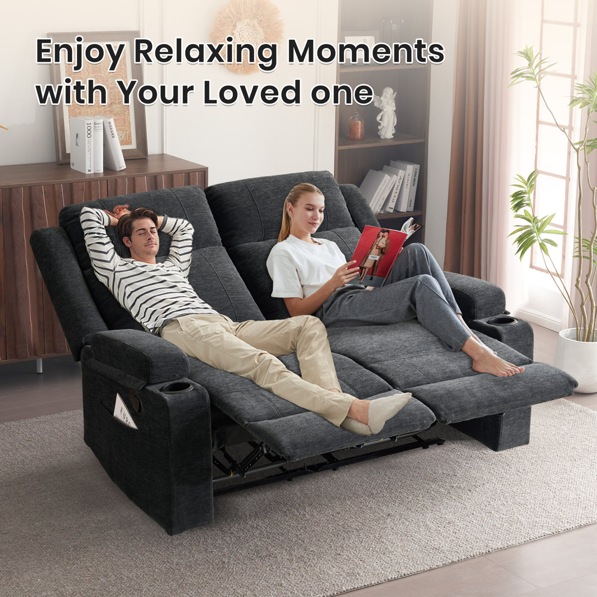 Ebern Designs Modern Chenille Manual Reclining Loveseat With Cup ...