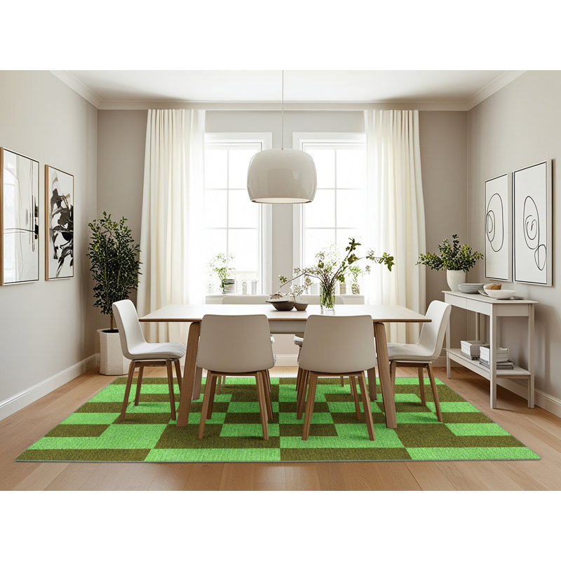 Tapis géométrique en laine vert, Rectangle 7 pi x 10 pi