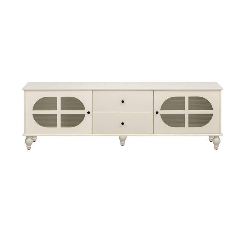 Charming Retro TV Stand With Fluted Glass Doors And Solid Wood Legs For Living Room, Antique White, 23"H x 68.9"L x 15.7"W