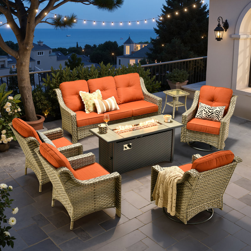 Emanuell 7 - Person Wicker Outdoor Conversation Set, Patio Sofa & Swivel Chair Set with Fire Pit and Cushions, Orange Red