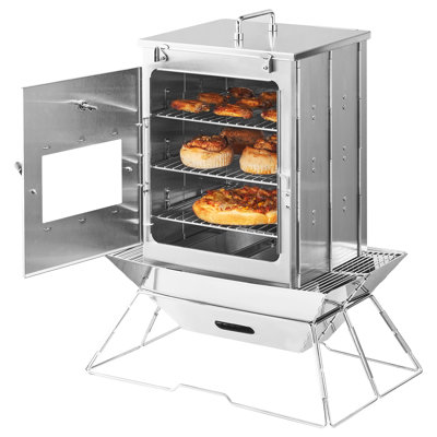 Foldable Camping Oven, Stainless Steel Portable Camping Stove, with 3 Tier Grill, Handle and Thermometer, Use with Wood Burning Fire, Propane Stoves, for Baking Bread, Pizza, Outdoor Cooking
