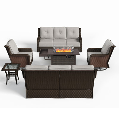 8-Person Outdoor Wicker Swivel Chair Set with 50000BTU Fire Pit Table, All-Weather Outdoor Patio Furniture Set for Garden, Backyard, Porch, or Balcony