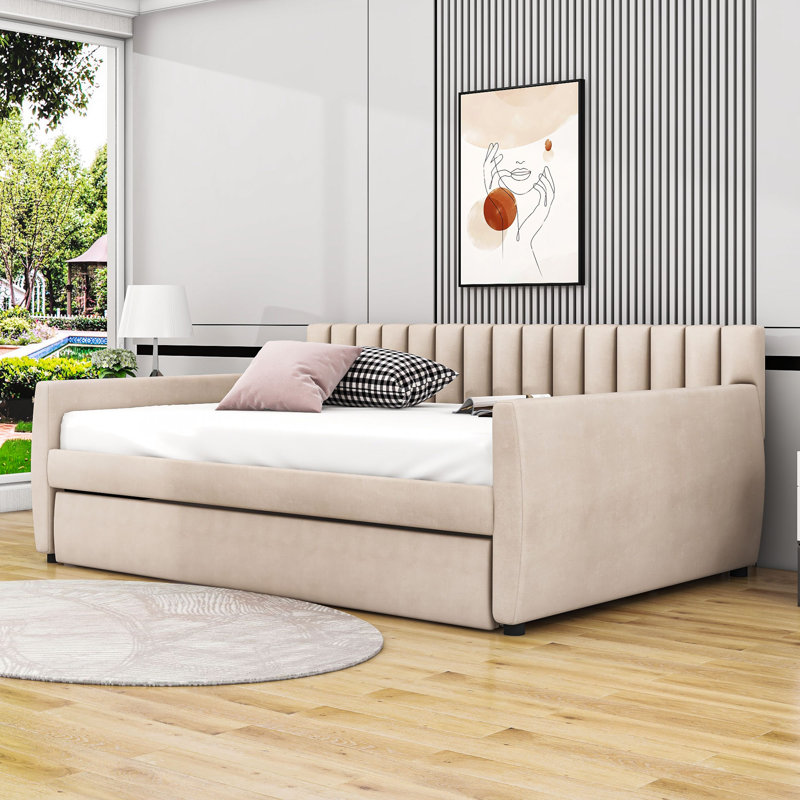 Balpreet Full Size Upholstered Daybed with Trundle and Wood Slats Support, Beige