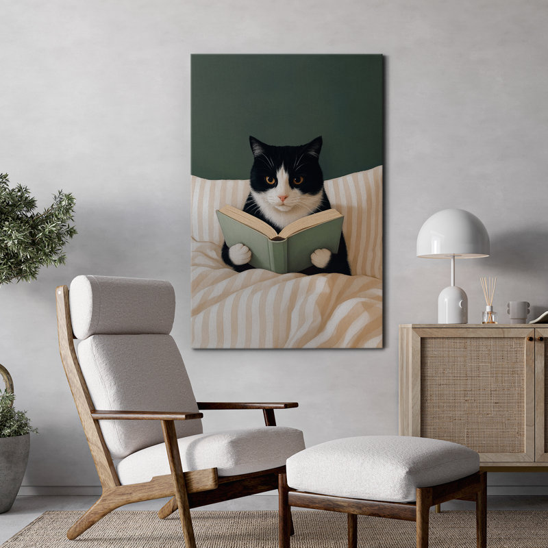 Chat lisant un livre, art mural sur toile - Décor animal fantaisiste pour chambre d'enfant ou bibliothèque, H 24 po x l 16 po