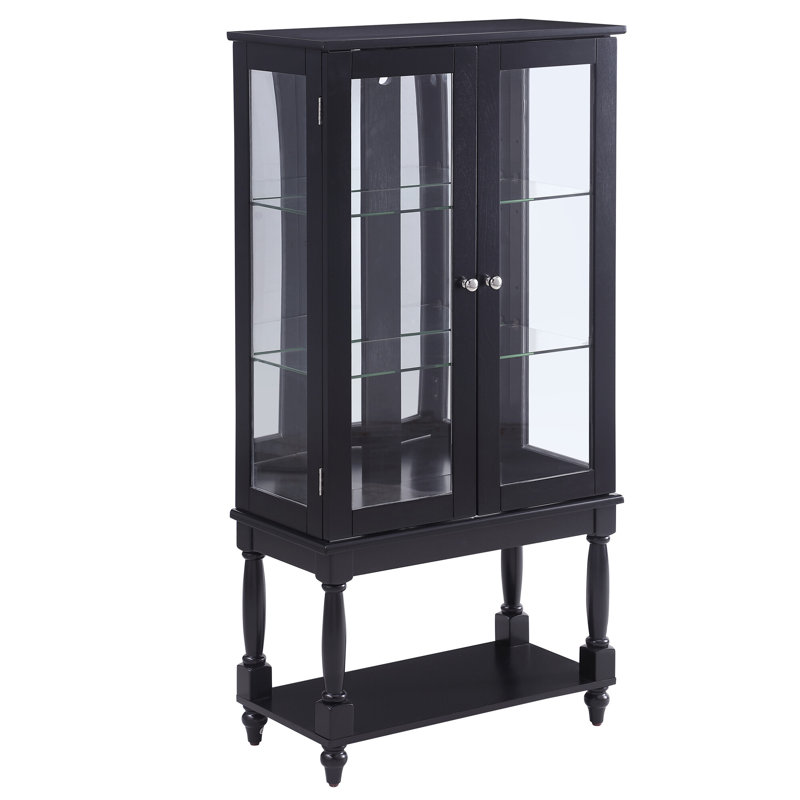 Vitrine lumineuse avec espace de rangement ouvert, pieds en bois massif et tablettes réglables, panneau arrière en miroir en acrylique, portes en verre trempé