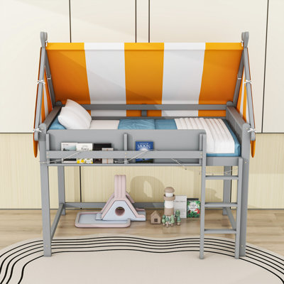 Playful Wooden Loft Bed with Canopy, LED Lights