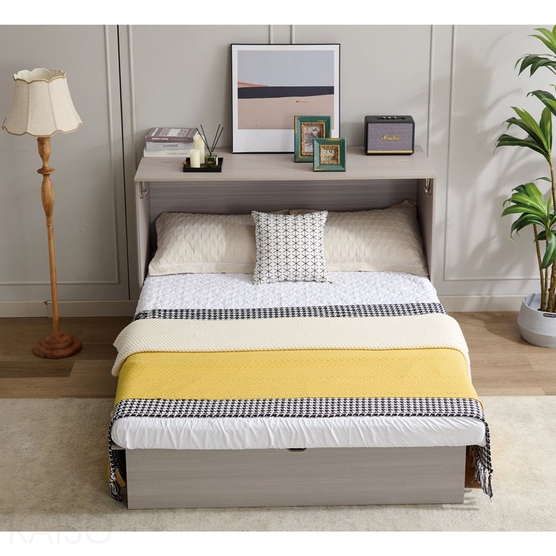 [Nouveauté] [Vidéo fournie] Lit armoire avec rangement, grand lit, matelas en mousse pliable et tiroirs surdimensionnés, lit escamotable, ensemble de douilles et ports USB, lit escamotable pliant peu encombrant, gris