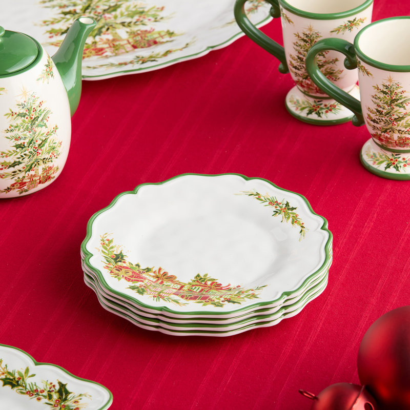 Assiettes à salade de Noël Holly Tree - Ensemble de 4 assiettes de Noël en mélamine avec motif d'arbre de fête, durable et résistant aux bris et lavable au lave-vaisselle