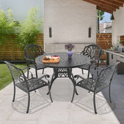 47.24 -inch Round Table Cast Aluminum Outdoor Dining Set with Brown Cushions
