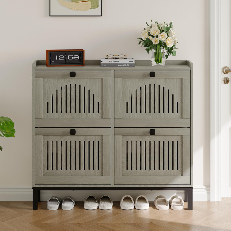 Space-Saving 4 Turn over Drawer Shoe Storage Cabinet – Adjustable Wooden Organizer, Hollow Out Panel, Large Capacity Hidden Rack, Washed Gray