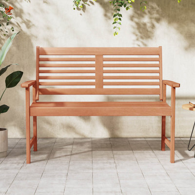 Patio Solid Wood Loveseat With Inclined Backrest & Slatted Seat Teak Painting