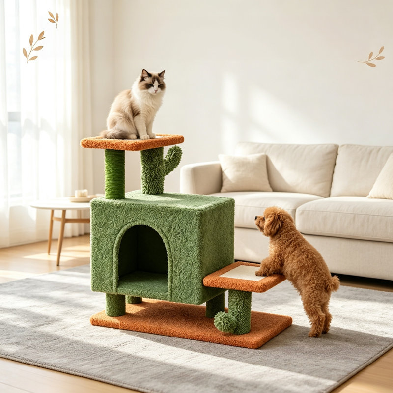 Arbre à chat Cactus de 46 cm de hauteur, tour à chat 3 en 1 avec poteau à griffer en sisal, niche et escalier pour petits chats