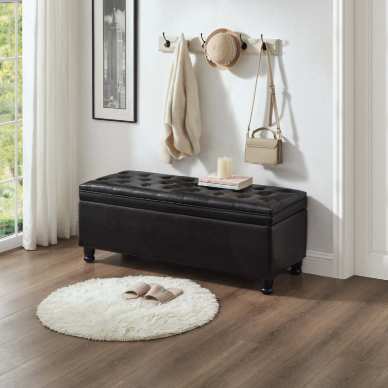 Banc de rangement rembourré capitonné à boutons, banc d'entrée en similicuir avec pieds en bois fuselés, banc de lit