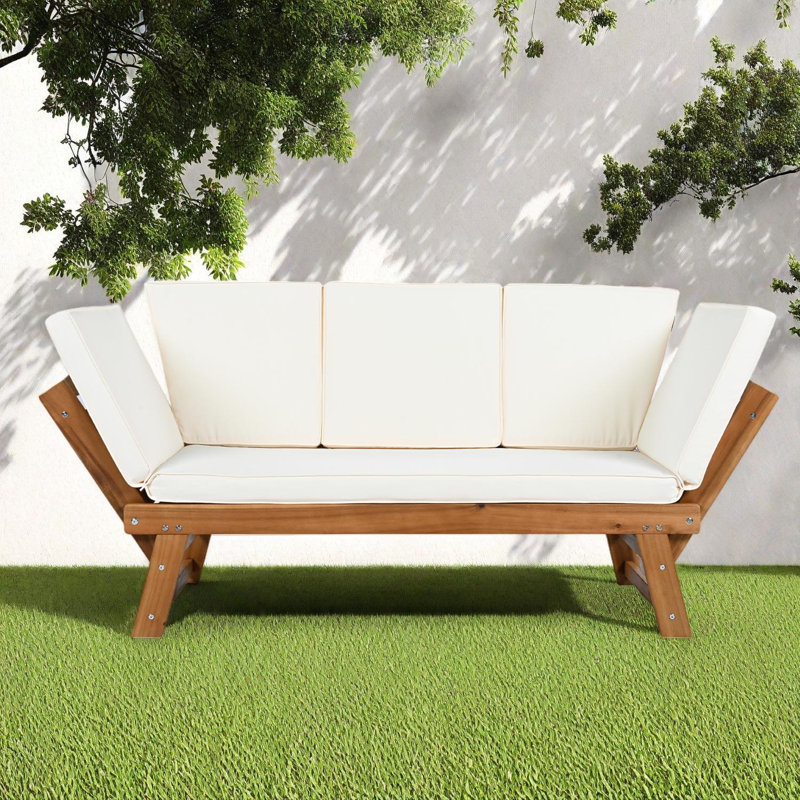 Méridienne d'extérieur réglable en bois avec méridienne et coussins pour petits espaces, Beige, Naturel