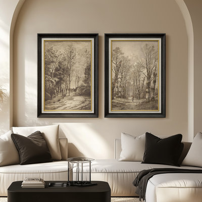 Vintage Forest Path Sepia Landscape Artwork - Set of 2 Premium Framed Wall Art Print on Paper 26"x36"
