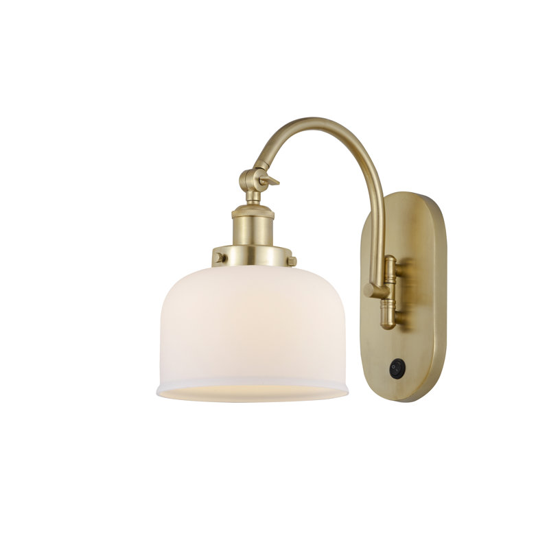 Shauna 8" W Metal 1-Light Swing Arm Sconce with Bell Glass Shade, Matte White, LED, Satin Gold