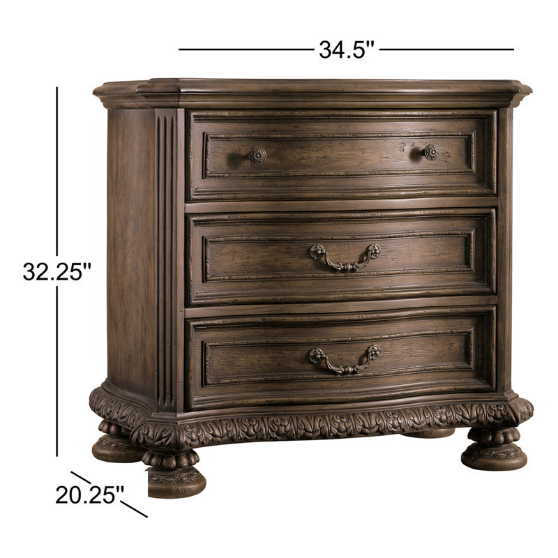 Traditional Walnut 3-Drawer Nightstand with Carved Details
