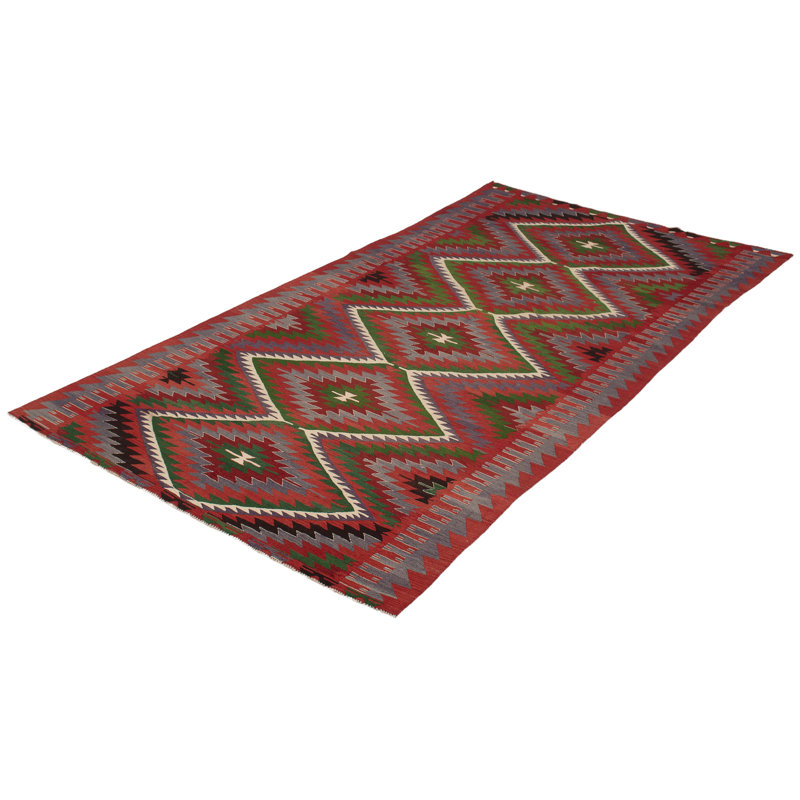 Tapis noir / rouge / vert en laine fabriqué à la main de conception unique 5 pi 11 po x 11 pi 8 po Politte