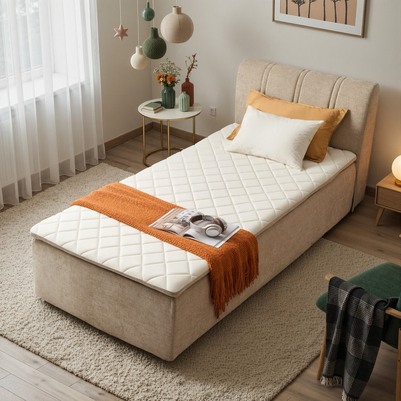 Lit plateforme tapissier avec tête de lit en chenille, Lit simple, Beige