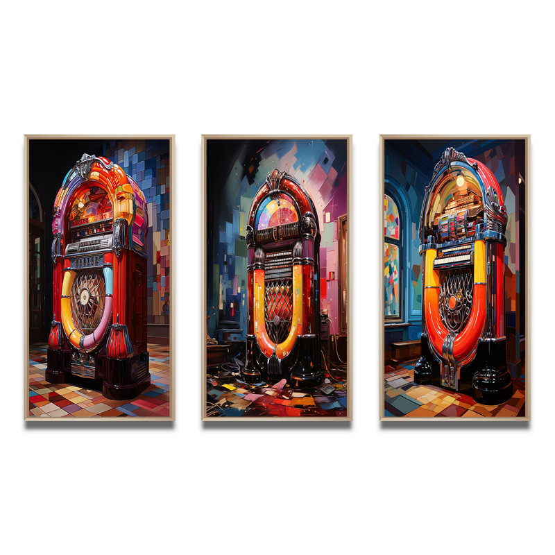 «Jukeboxes Nostalgic Melody», 3 pièces sur toile, Encadré naturel, H 32 po x l 48 po