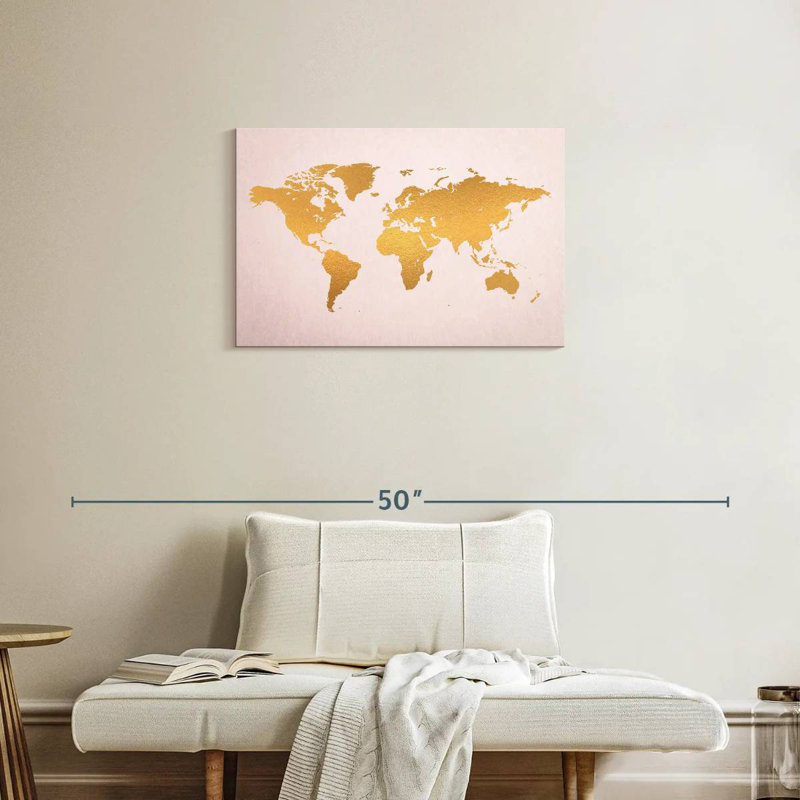 Aliaz Gold On Pink World Map, 20" H x 30" W