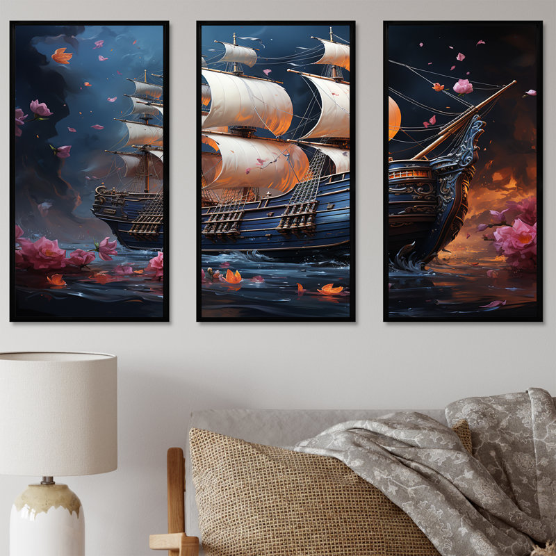 Pirate Ship Nightly Voyage III - Art mural pirate, H 28 po x l 36 po, Cadre flottant noir