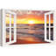 Fenêtre de paysage «Window View Orange Sun Sunset Sky Beach Ocean Waves Nature Images Scenic Landscape» sur toile-98448612