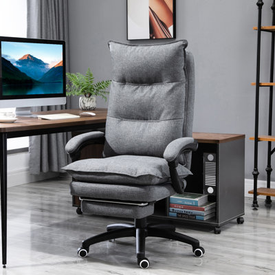 Adjustable Height Office Recliner Chair, 360° Swivel, Grey Linen With Double Padding And Retractable Footrest Swivel Height, Filling Movable