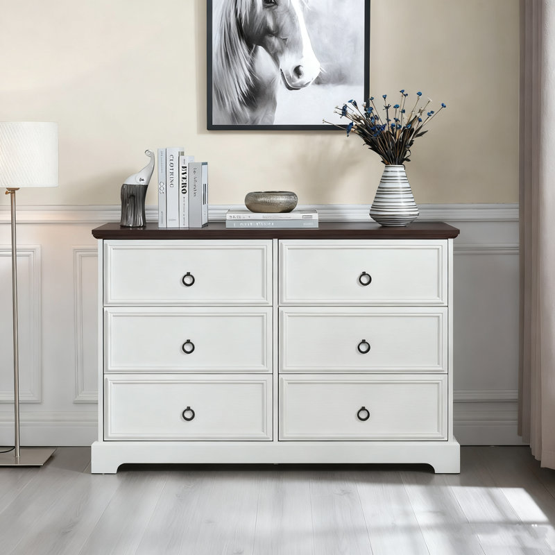 Commode 6 tiroirs en bois - Farmhouse, plateau rustique, glissières en métal lisse, Naturel