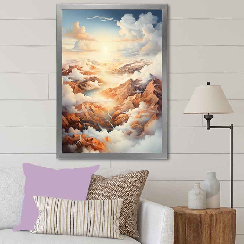 «White Brown Clouds Scenery Minimalisme», reproduction sur toile, H 32 po x l 16 po x P 1 po, Cadre simple argenté