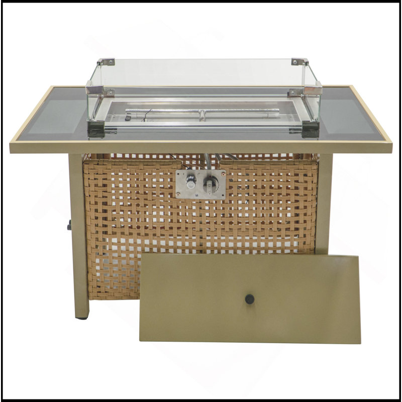 43" Propane Gas Fire Pit Table, 60000 BTU Rectangular Open Weave Wicker Fire Pit With Glass Wind Guard For Outside Patio Deck Garden Backyard