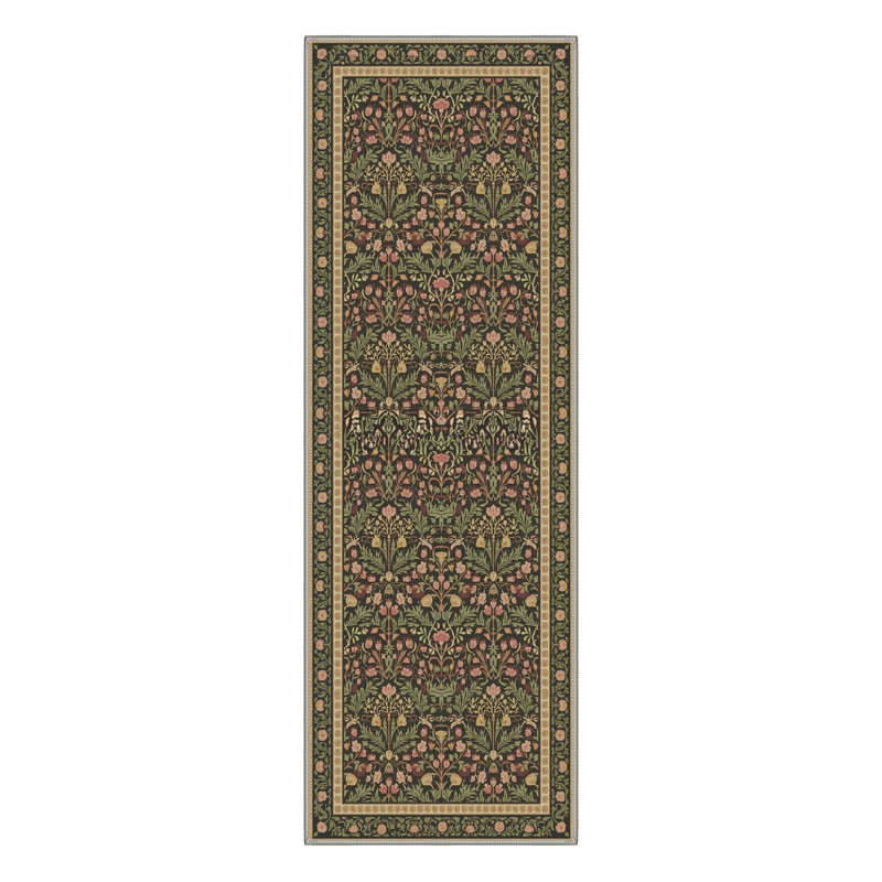 Floral Foliage Vintage Machine Washable Sage Indoor Area Rug With Non-Slip Backing, Runner 2' x 6'