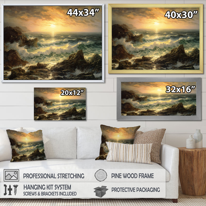 «Wild Ocean with Breaking Waves Golden Hour», reproduction, H 24 po x l 32 po x P 1 po, Cadre naturel flottant