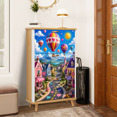 Shoe Storage Cabinet with 3 Flip Drawers for Heart Hot Air Balloons Colorful Storybook Village Mountain Landscape Shoe Rack Storage Organizer