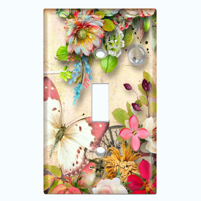 Metal Light Switch Plate Outlet Cover (Butterfly Colourful Flowers Compass White  - Single Toggle)