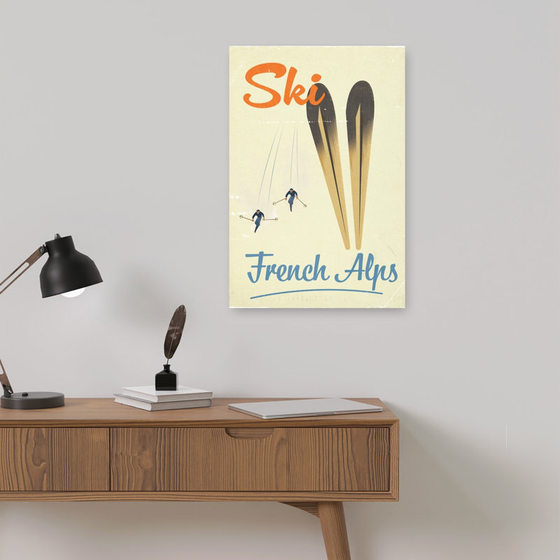 Affiche murale classique de ski des Alpes françaises, style rétro vintage, représentant une montagne en hiver