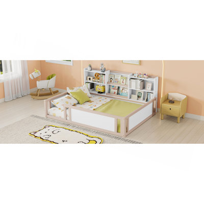 Lit plateforme pleine grandeur en bois avec barrière de sécurité et tablettes de rangement pratiques, cadre de lit pour enfant peu encombrant, blanc