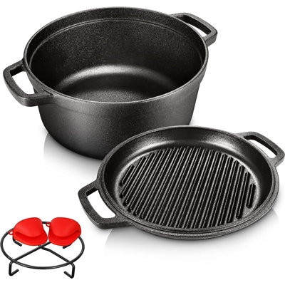 Casserole pré-assaisonnée en fonte robuste 2 en 1 de 5,5 pte avec ensemble de couvercles, four, barbecue, réchaud, barbecue et réchaud à induction