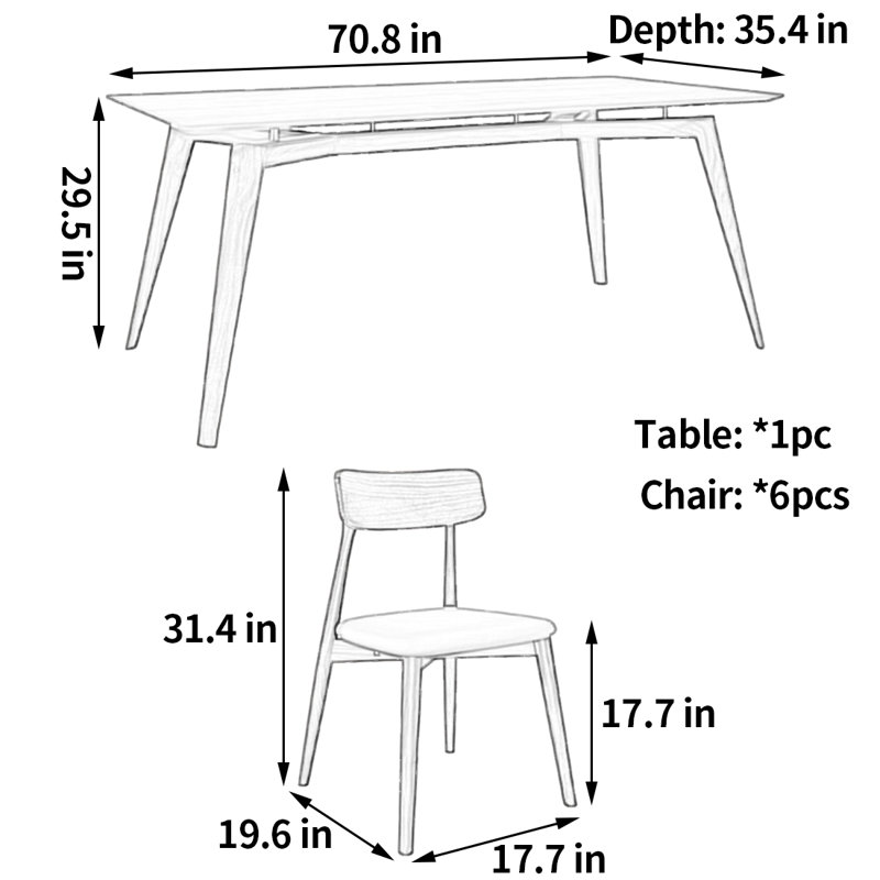 Simple classic dining table and chair, 29.5"H x 70.8"L x 35.4"W