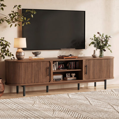 70.2" Mid-Century Modern TV Stand For TVs Up To 75" With Adjustable Shelves, Tambour Sliding Door