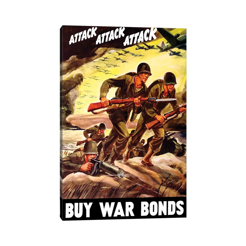 WWII Propaganda Poster Of Soldiers Assaulting A Beach With Rifles by Stocktrek Images - Wrapped Canvas Print
