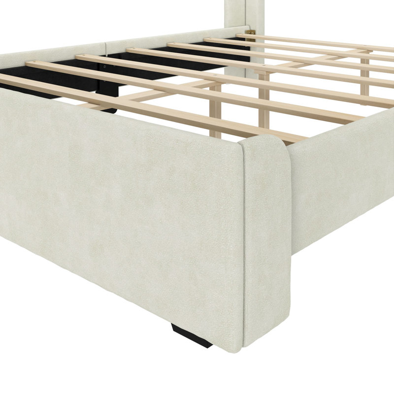 Lit à panneau tapissier en bois massif avec tête de lit rectangulaire, Crème, crème, Grand
