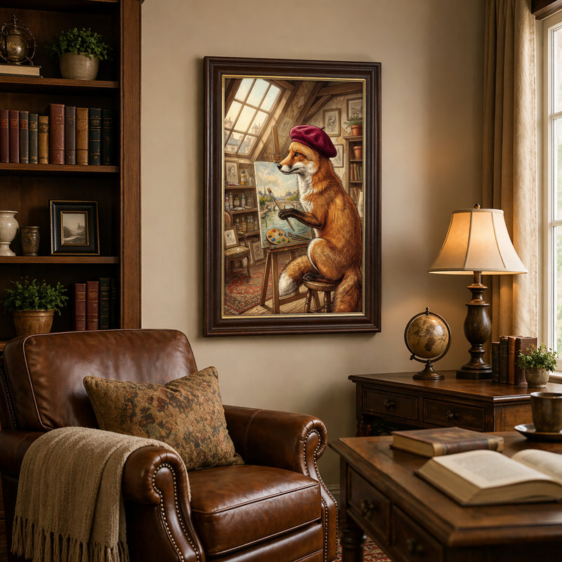 Art mural antique sur toile encadré doré pour le salon, la chambre à coucher, le bureau ou le vestibule - décoration murale décorative avec l'artiste Fox