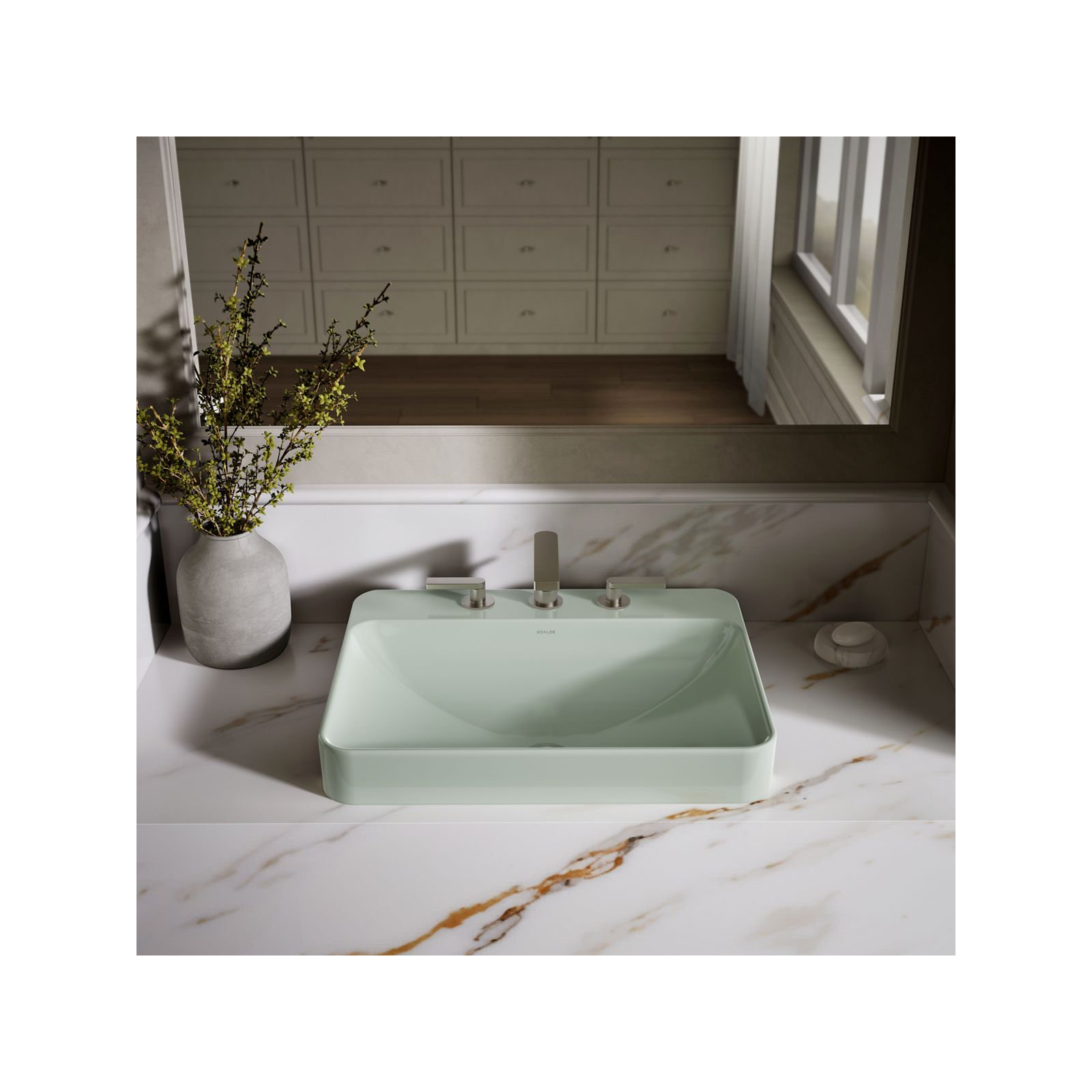 Vox Vitreous China Rectangular Vessel Bathroom Sink with Overflow, Light Green, 3