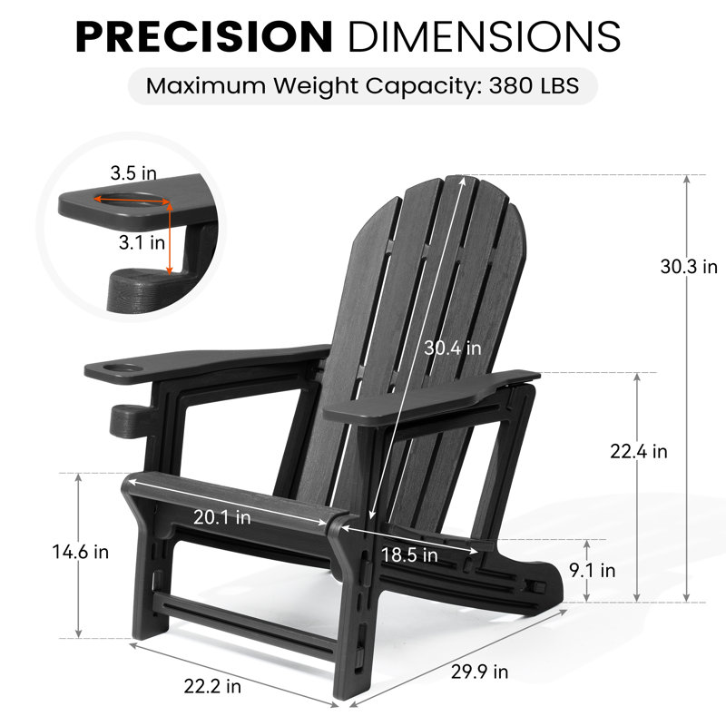Chaise Adirondack d'extérieur en PEHD avec porte-gobelet et assemblage sans outil, Noir, 2