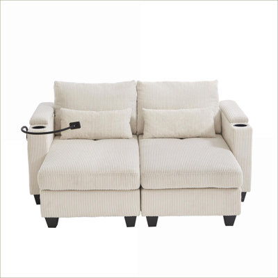Sofas Couches | 63 Inch Convertible Sleeper Loveseat, with Storage USB Ports Cup Holders, for Living Room Bedroom | Corduroy | Beige