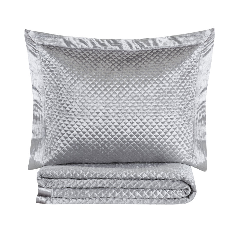 Ensemble de courtepointe en velours Suniga, Courtepointe pour très grand lit et 2 taies déco, gris